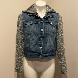 Jessica Simpson Pixie Jacket Knit Sleeve Hoodie Denim Contrast Blue Combo Sz L